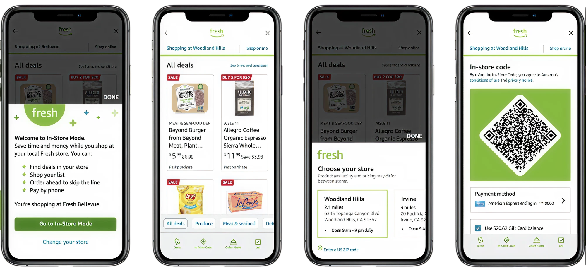 Amazon Fresh In-Store App Mode screens