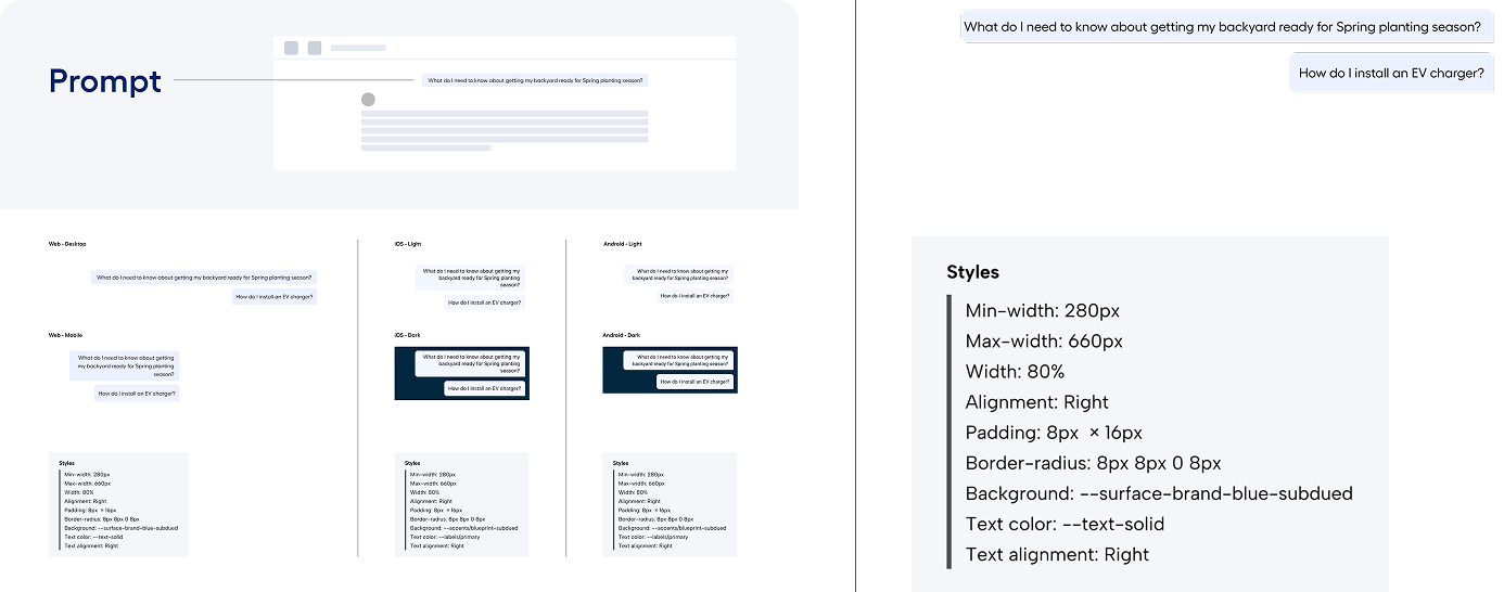 Prompt component split-panel showing chat mockup and component variations