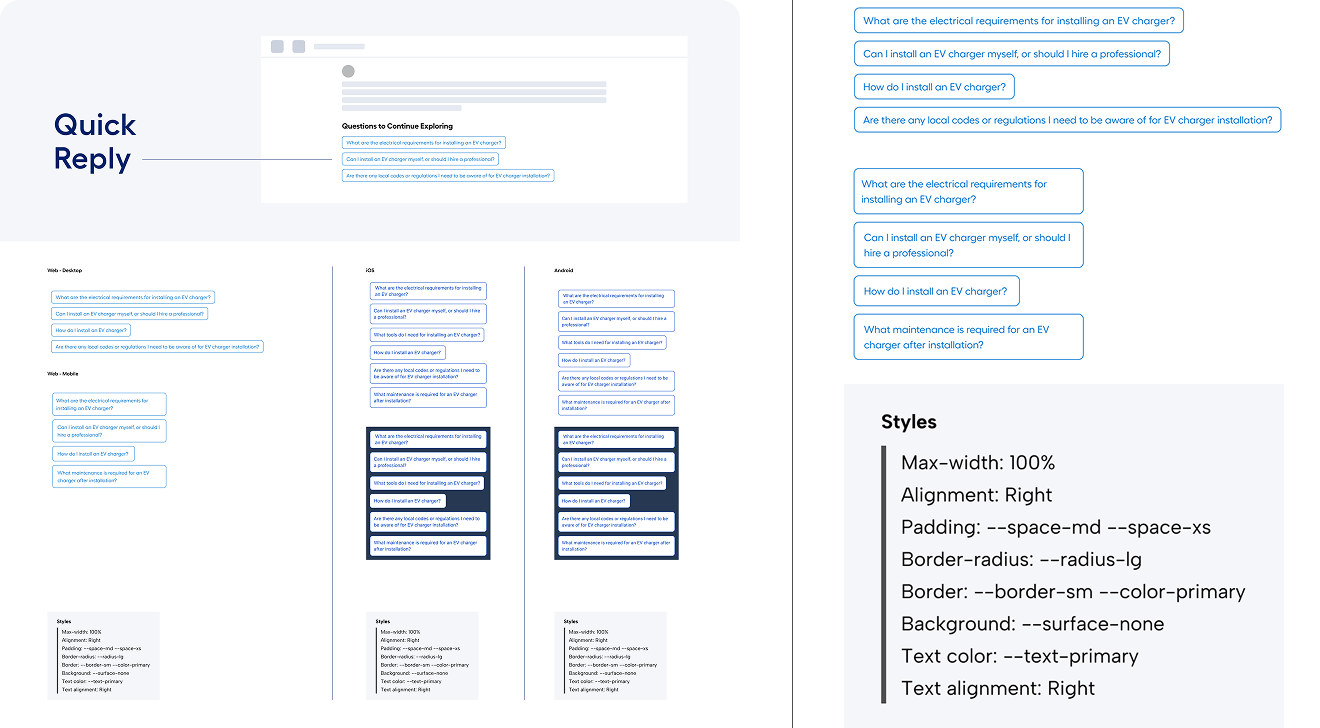 Quick Reply component split-panel showing responsive variations